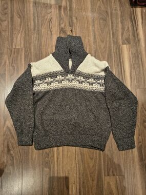 Hand Knit 100% Wool Nordic Fair Isle Half Zip Turtleneck Sweater Grey Cream